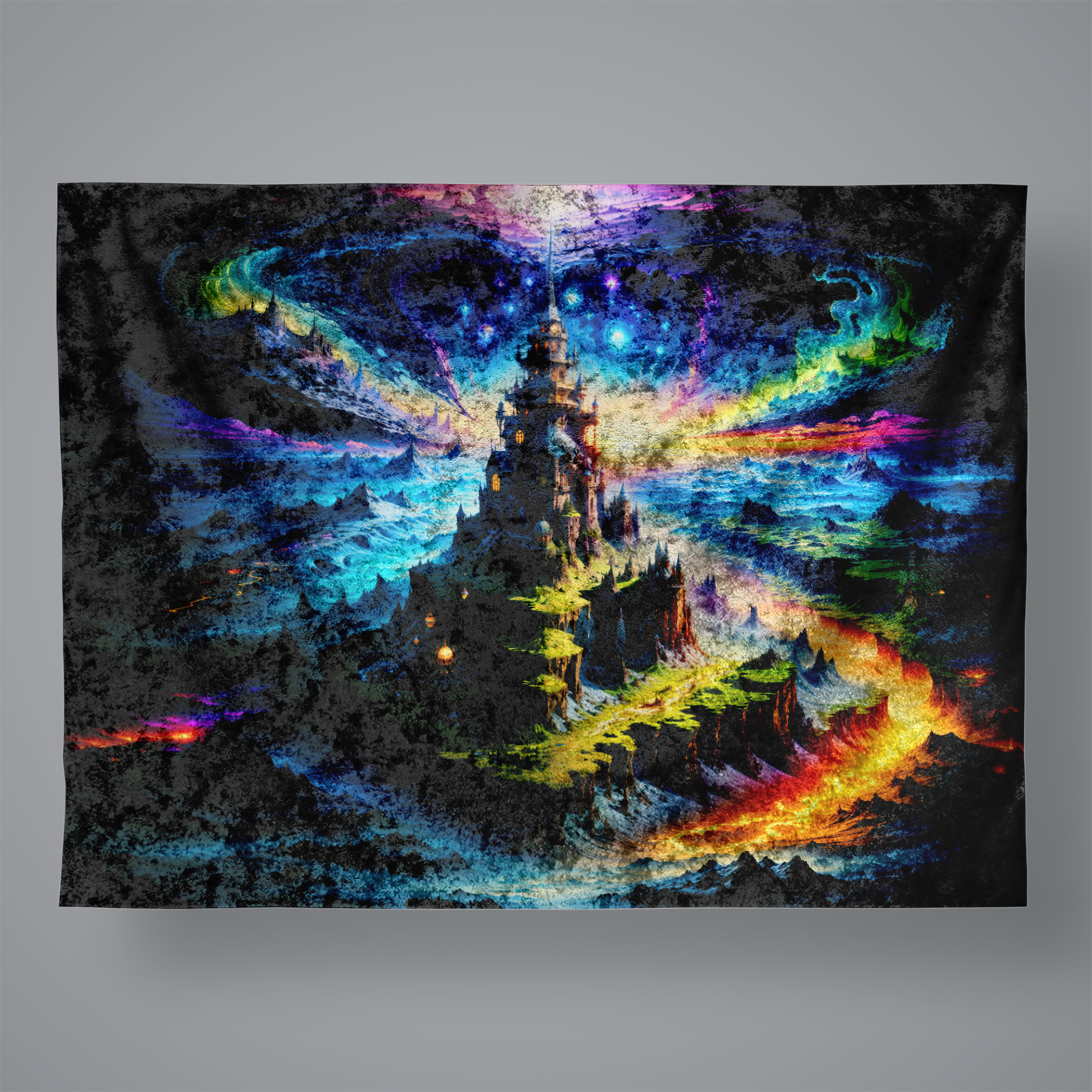 A fantastical land mass isolated by psychedelic landscape
