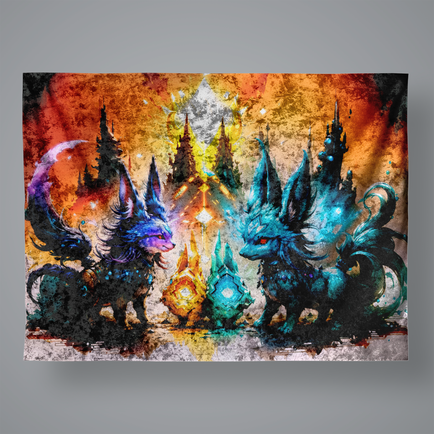 A mystical psychedelic design with cute furry alien critters