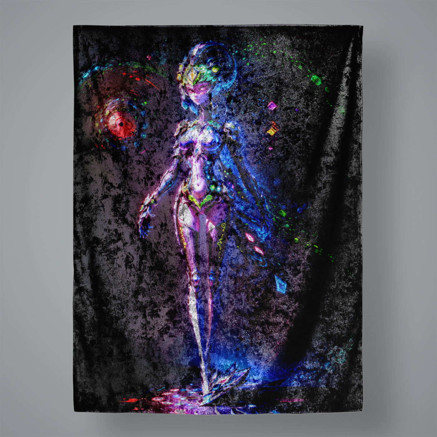This is a captivating alien goddess surrounded by fractal glitch designs
