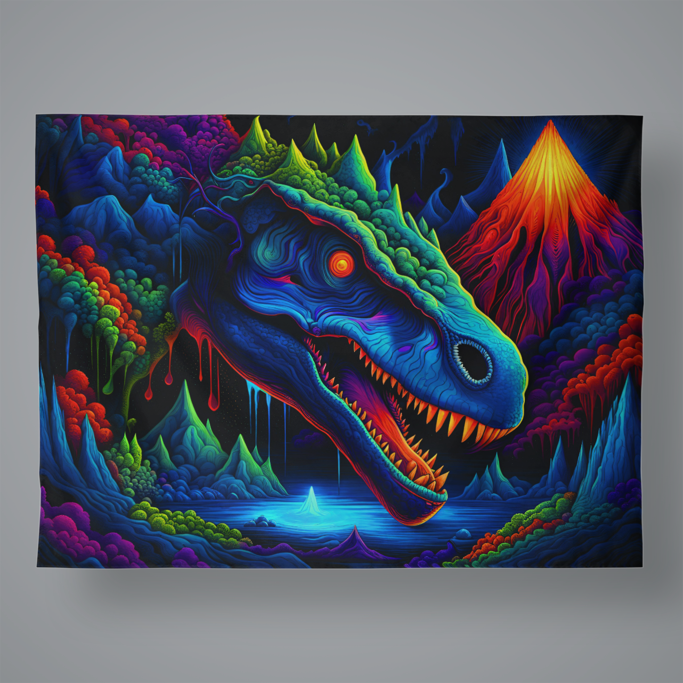 A dinosaur drips into a psychedelic nature landscape