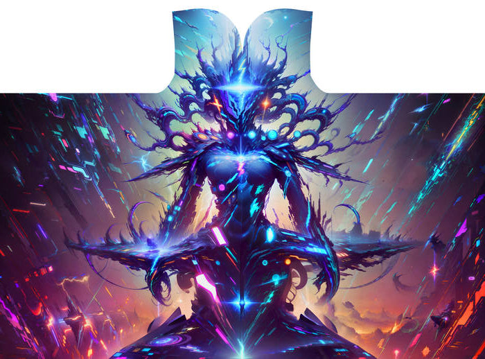 An abstract being channels electric currents to an expanding symbiotic foundation