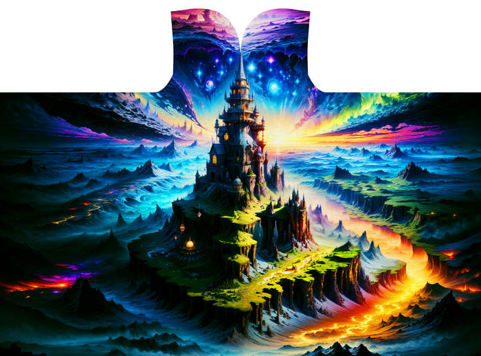 A fantastical land mass isolated by psychedelic landscape